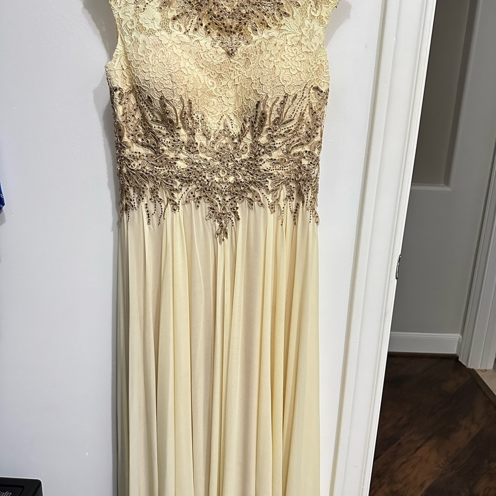 Elegant Lace Evening Gown in Cream and Gold
